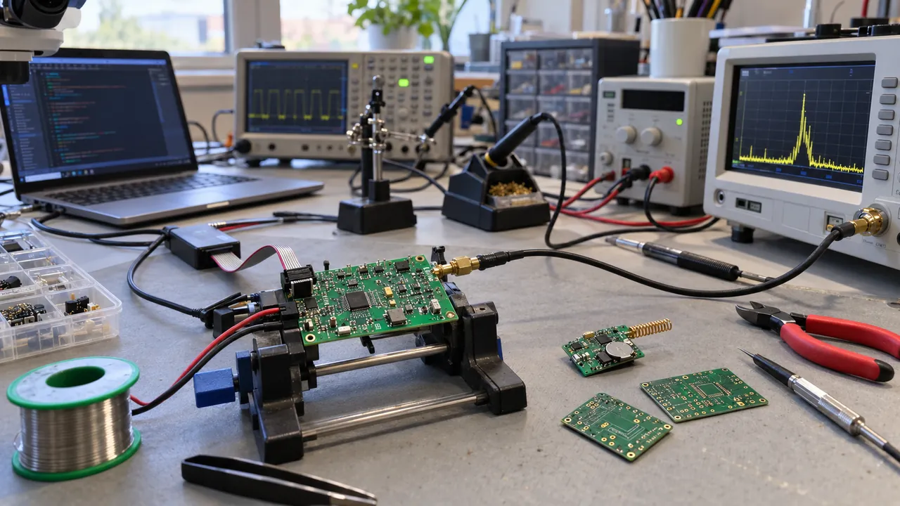 Illustrative photo of an engineering bench with a prototype circuit board under test, the kind of work behind bespoke IoT solutions