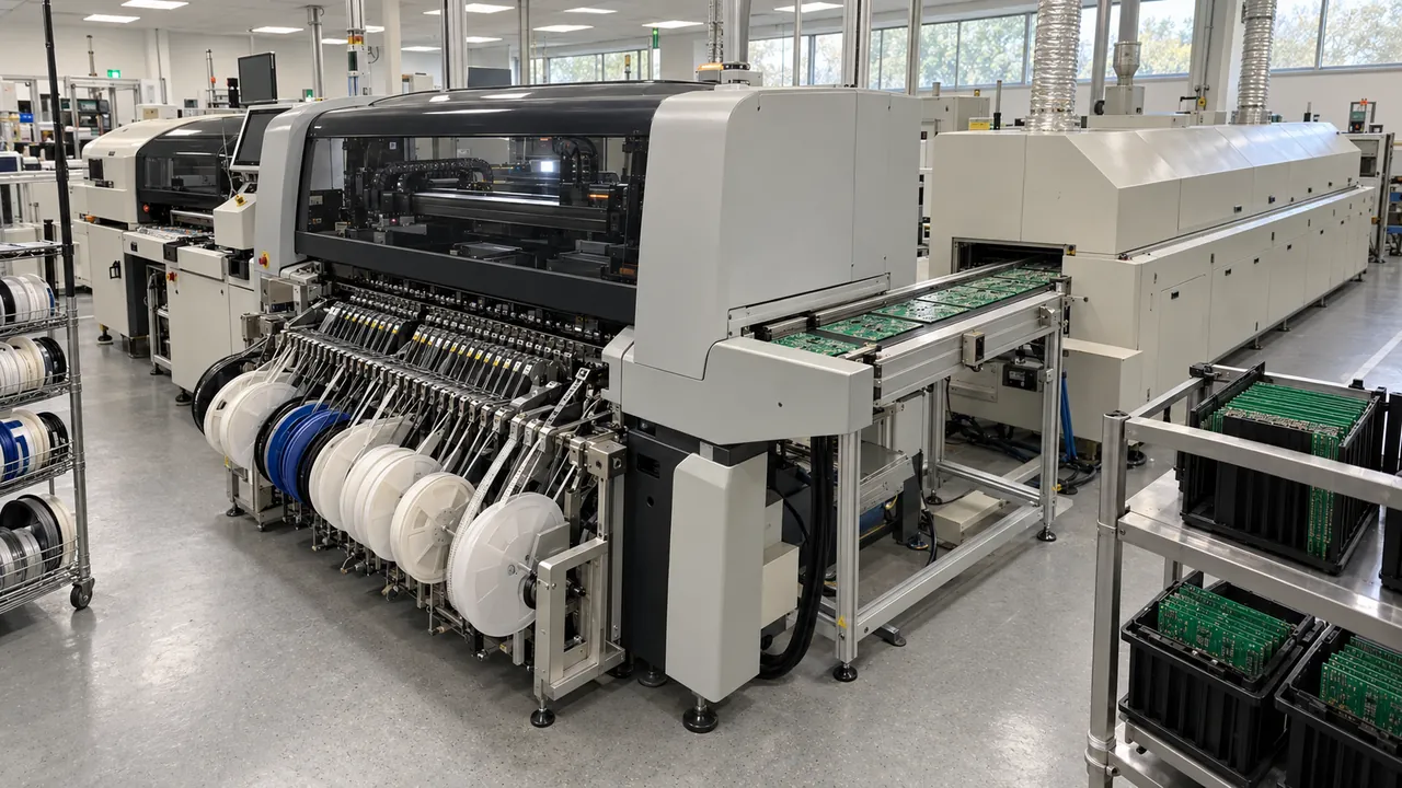 Illustrative photo of a surface-mount assembly line with a pick-and-place machine and reflow oven, as used in IoT hardware manufacturing