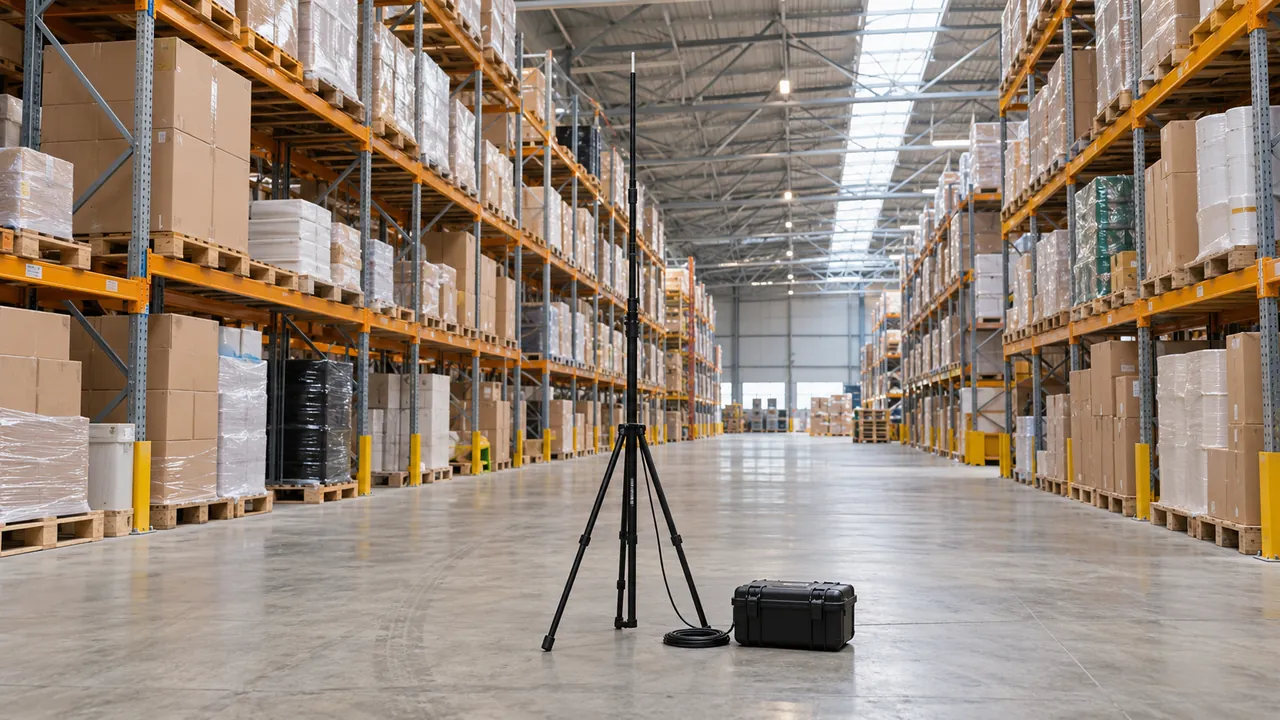 Illustrative photo of a survey antenna on a tripod in a distribution warehouse aisle, set up for RF site surveys and spectrum analysis