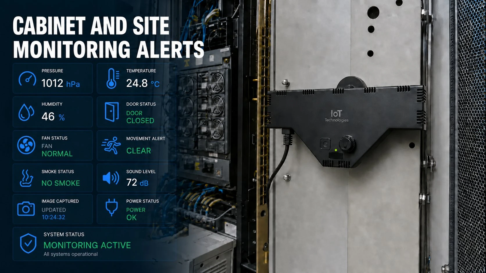 Illustrative IoT dashboard for cabinet and site monitoring, showing temperature, power, door, smoke and movement telemetry for a telecoms cabin
