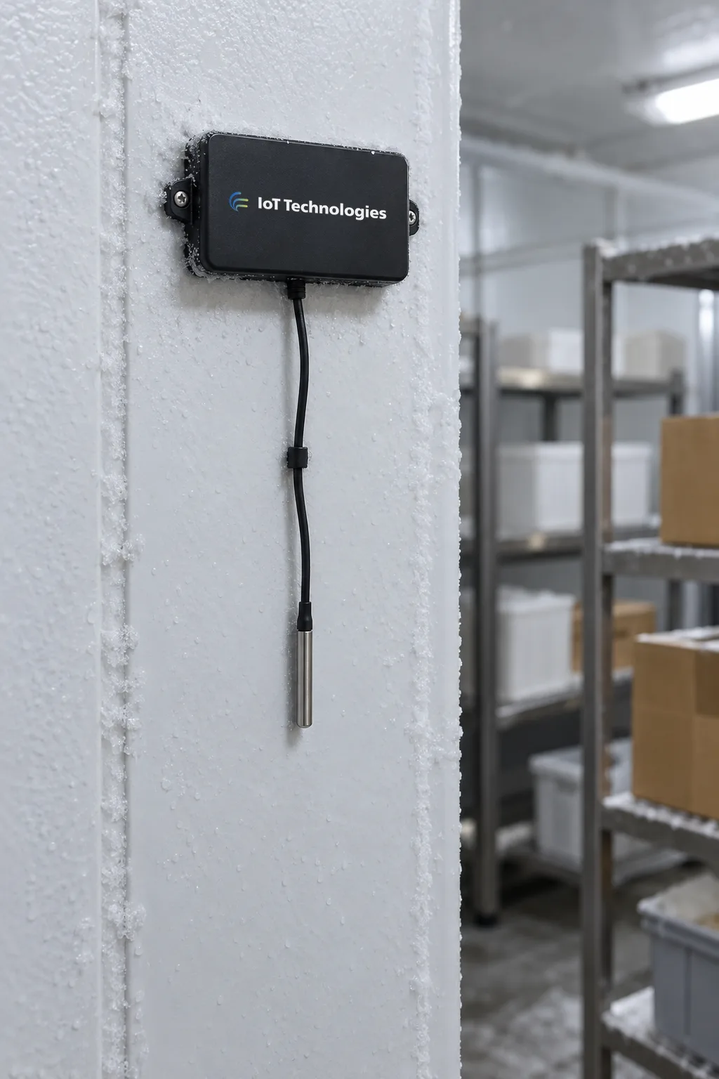 An IoT Technologies temperature monitoring tag with its probe, fitted to the wall of a walk-in freezer above stainless steel shelving