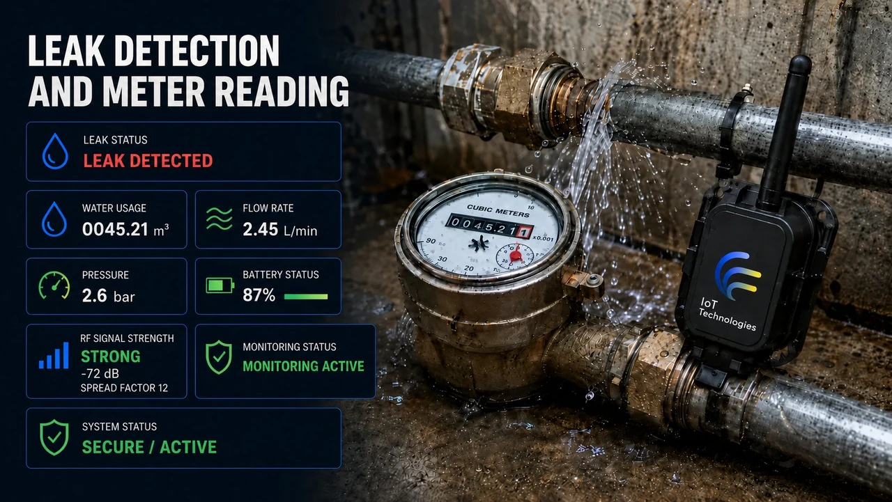 Illustrative IoT dashboard for leak detection alerts, showing water ingress and leak events flagged in real time across a site