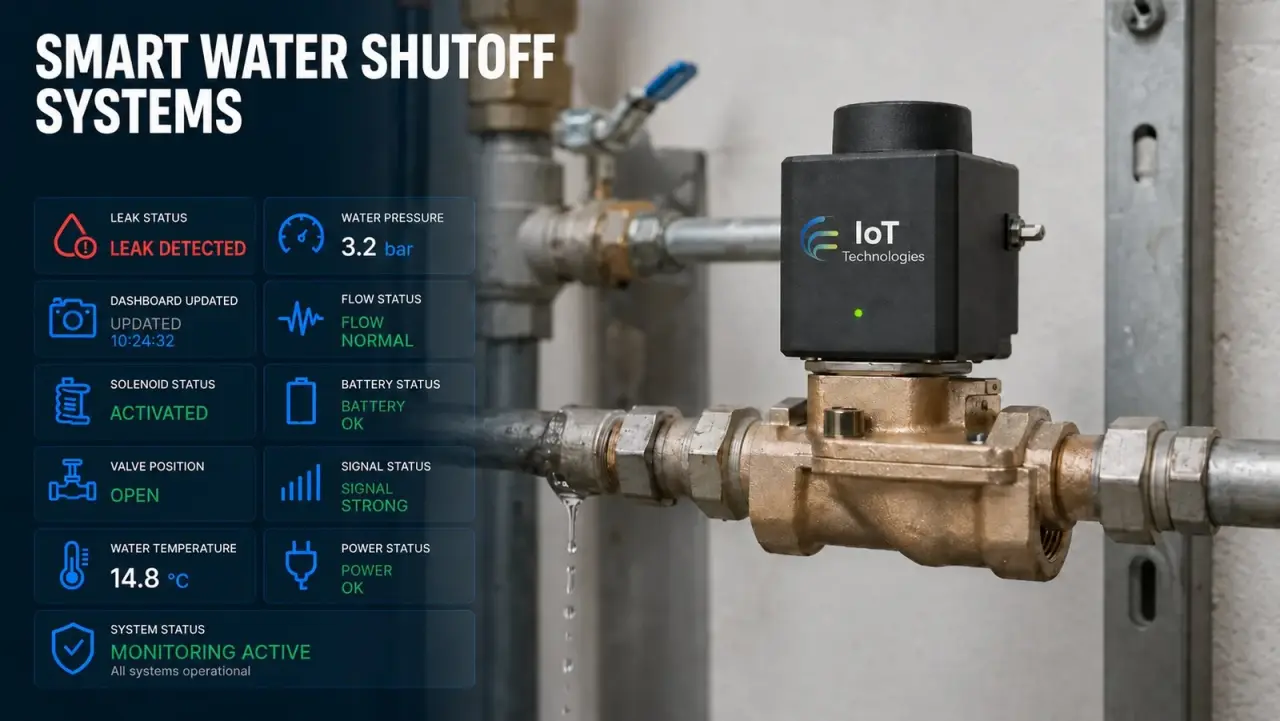 Illustrative IoT dashboard for smart water shut-off valve monitoring, showing valve trip status across an estate on one live view