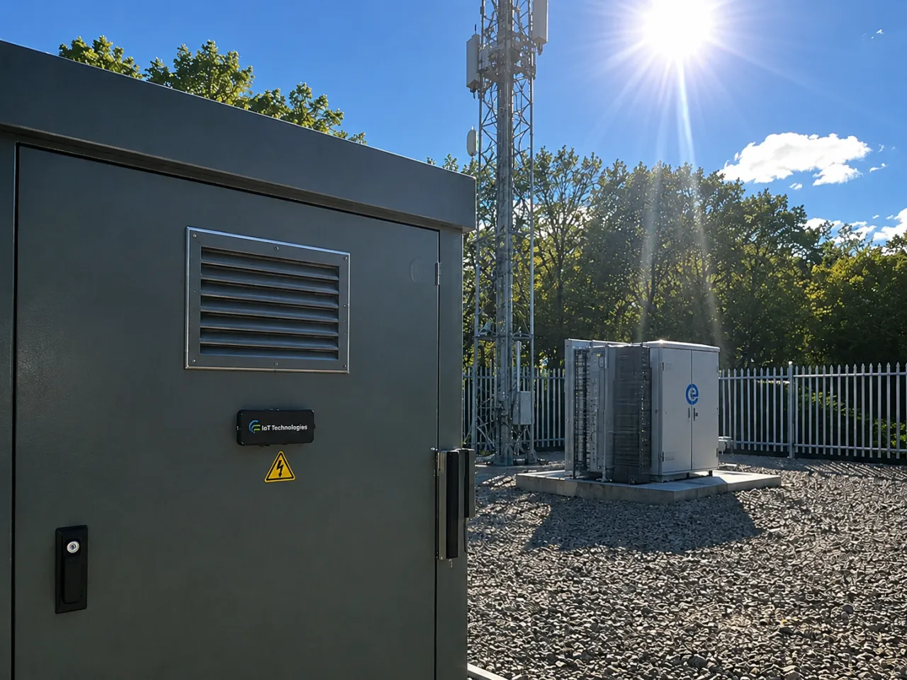 Illustrative: telecoms cabinet with an IoT Technologies monitoring tag on a sun-exposed compound.
