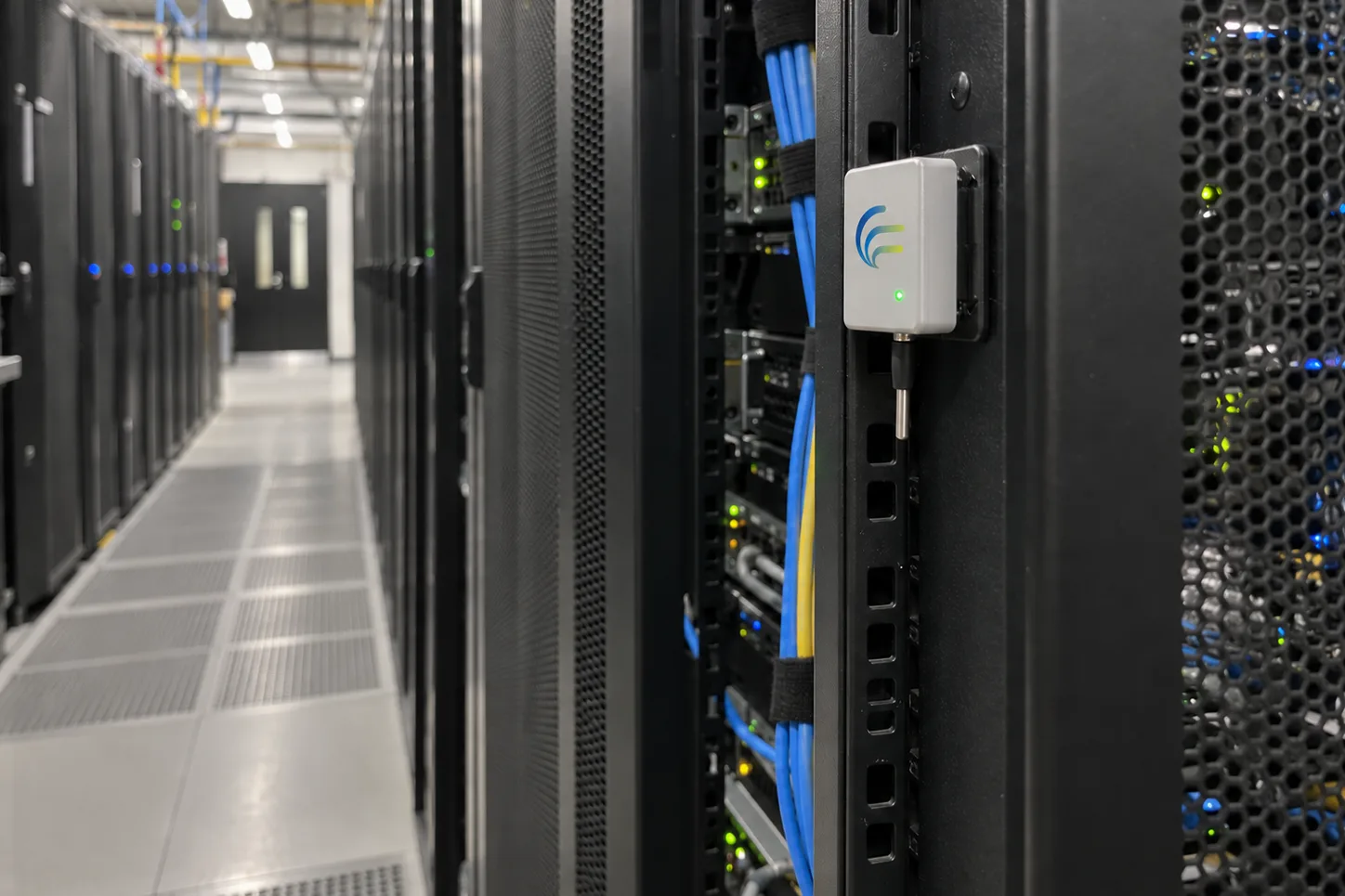 ZARC temperature monitoring tag with its probe, fitted to a server rack frame in a data centre aisle