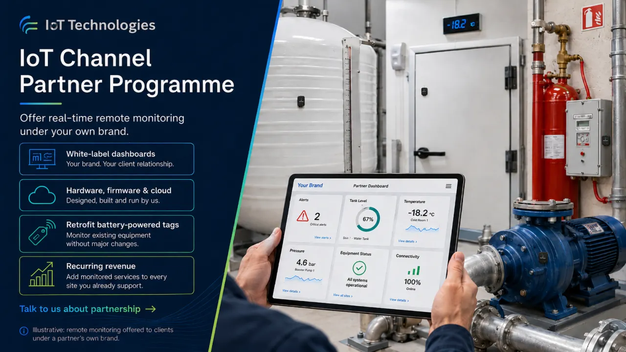 Illustrative — IoT Channel Partner Programme: a partner-branded monitoring dashboard on a tablet in a plant room, showing tank level, temperature, pressure and equipment status alerts under the partner's own brand