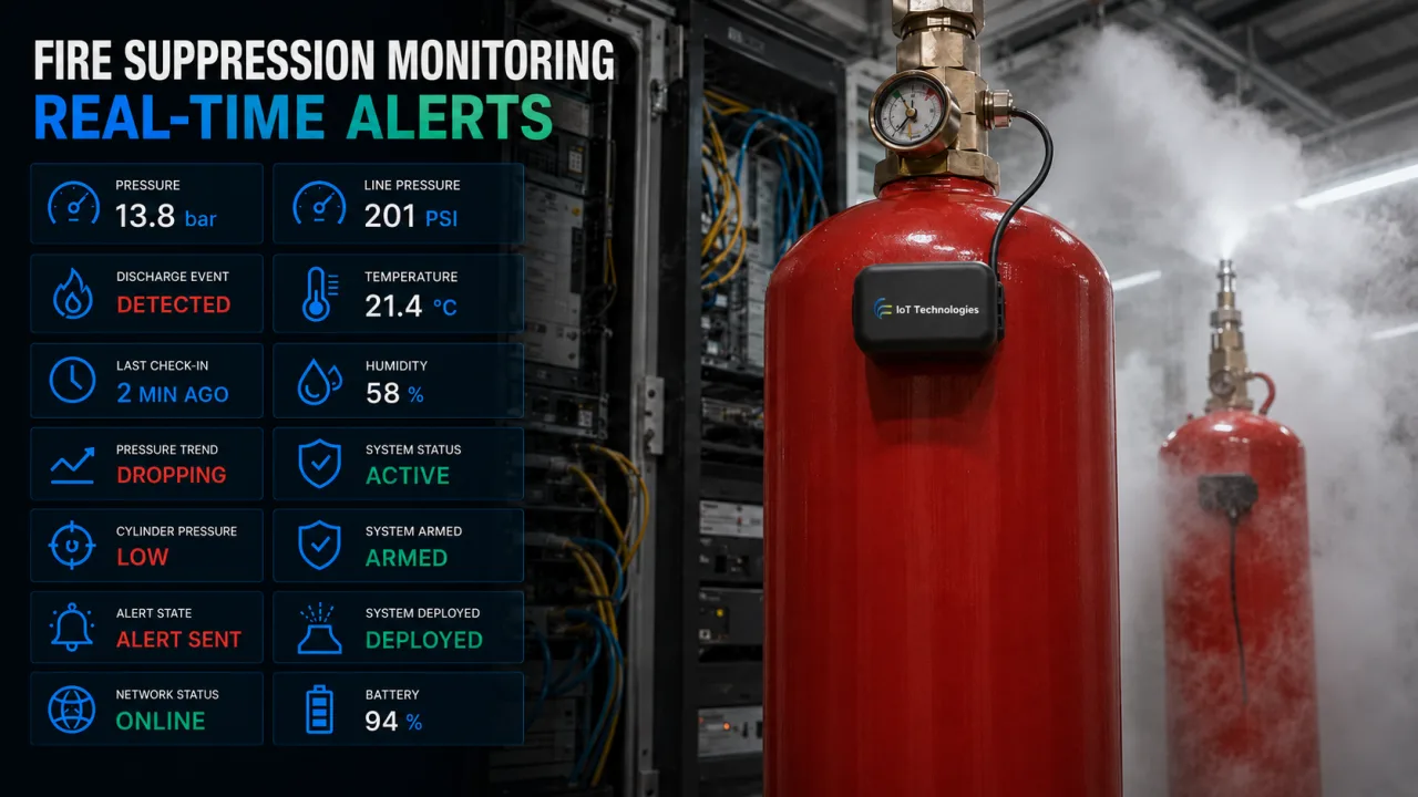 Illustrative fire suppression monitoring dashboard showing a discharge event alert and low cylinder pressure reported by a tag fitted to a suppression system.