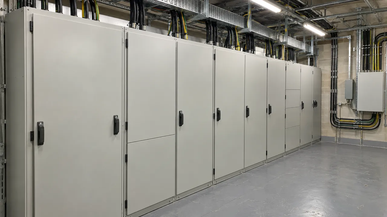 Illustrative photo of a row of low-voltage switchgear panels in a switchroom, the kind of space covered by thermal detection and heat risk monitoring